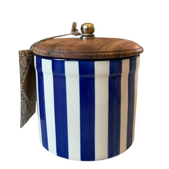 Hand Painted Striped Ceramic Canister w/ Wood Lid Made in India Blue Cream 5" - Picture 8 of 11
